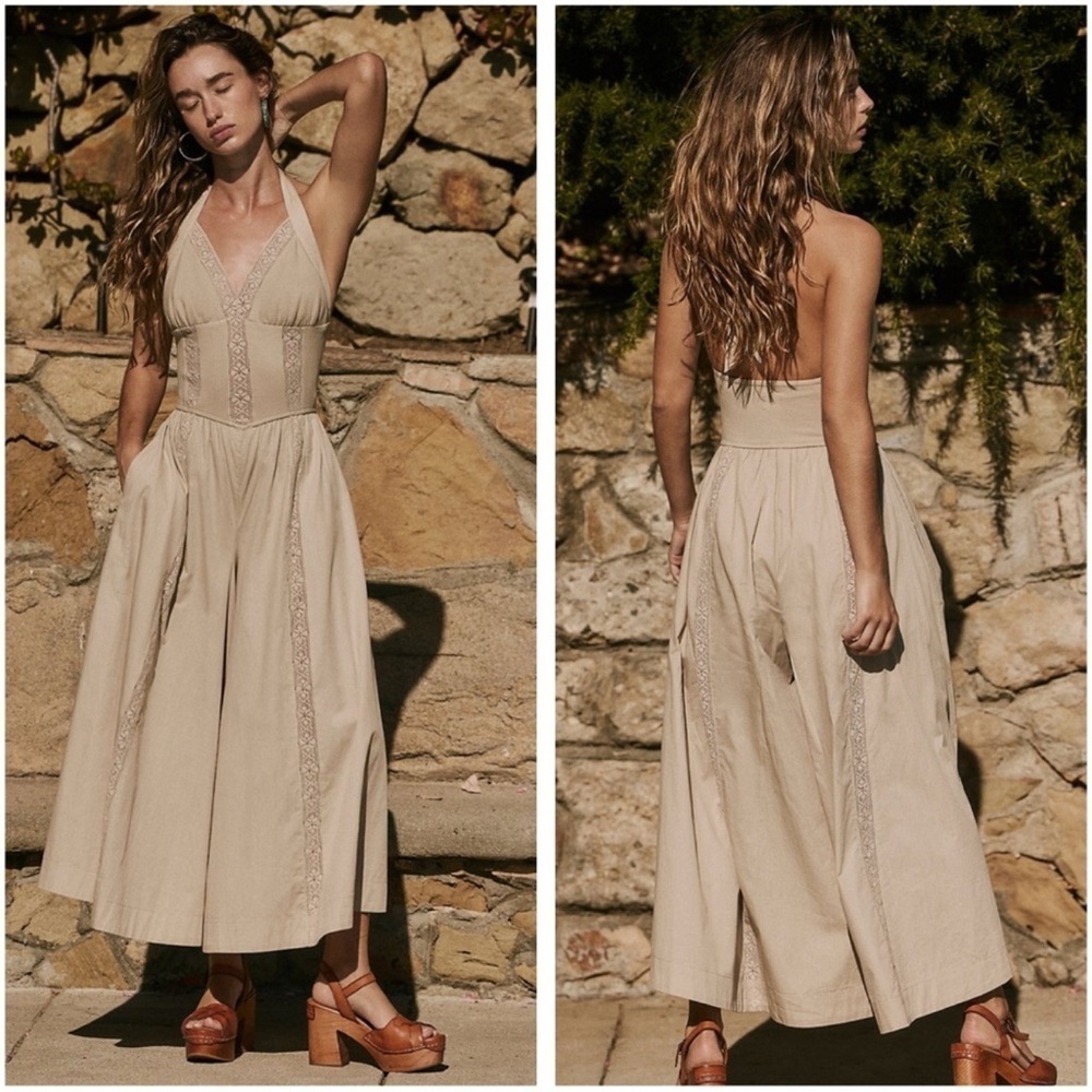 Free People Making Moments Jumpsuit Wide Leg Backless Tan Cream - Picture 1 of 11